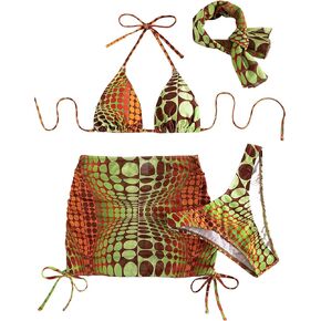 GORGLITTER Women's 4 Piece Swimsuits Tie Side Triangle Bikini with Mesh Beach Skirt & Bandana