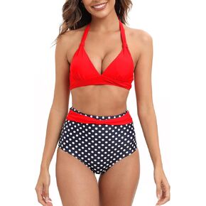 SEAFORM Women Two Piece Swimsuit Retro Halter High Waist Bikini Tummy Control Bathing Suits Lace-up Ruched Vintage Swimwear