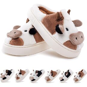 sharllen Cute Fluffy Cow Slippers for Women Men, Warm Soft Kawaii Plush Fuzzy Non-Slip Cow Slides, Cozy Cotton Winter Adults Thick Sole House Animal Slippers Indoor Outdoor