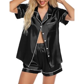 Pjmlifecoco Womens Silk Satin Pajamas Set Short Sleeve Loungewear Two-Piece Sleepwear Button-Down Pj Set with Pockets S-XXL