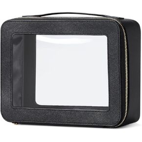 حقيبة مكياج شفافة، حقيبة أدوات زينة للسفر، حقيبة مستحضرات تجميل كبيرة بمقبض، حقيبة مكياج جلدية مع نوافذ شفافة لتنظيم أدوات الماكياج (أسود) in Kuwait