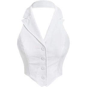 Women's Solid Asymmetrical Hem Backless Crop Tank Tops Sleeveless Casual Button Front Crop Blazer Vest