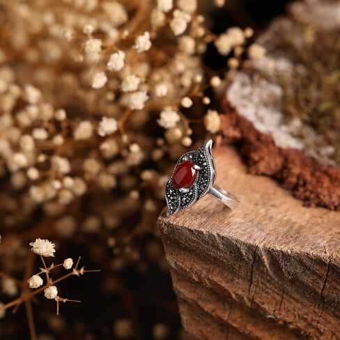Natural Carnelian Stone Genuine 925 Sterling Silver Halo Marcasite Oxidized Vintage Style Statement Luxury Ring for Women in Saudi Arabia