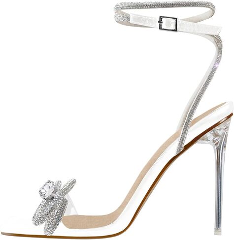 Women's Square Toe Clear Rhinestone Bow Heels Crystal Sparkly Stiletto High Heel Sandals in Saudi Arabia