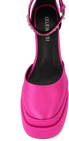 Keleimusi Strappy ومنصة مضخات الدانتيل متابعة مربعة براءات الاختراع والجلود عالية منعت الصنادل مكتنزة للنساء in Kuwait