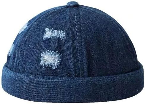 Cotton Brimless Cap Denim Retro Worker Hat Rolled Cuff Docker Cap with Adjustable in Kuwait