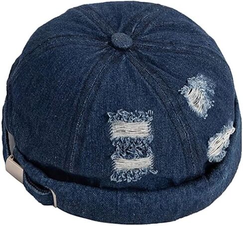 Cotton Brimless Cap Denim Retro Worker Hat Rolled Cuff Docker Cap with Adjustable in Kuwait
