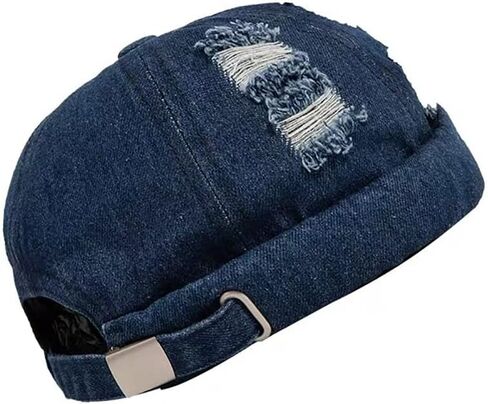 Cotton Brimless Cap Denim Retro Worker Hat Rolled Cuff Docker Cap with Adjustable in Kuwait