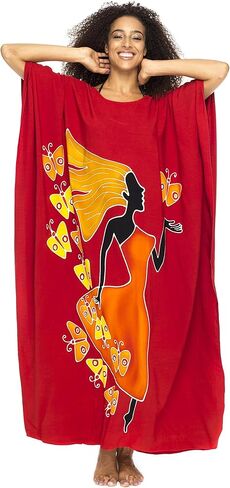 فستان قفطان طويل مطلي يدويًا للنساء من Back From Bali لملابس الاسترخاء، وتغطية ملابس السباحة، والارتداء اليومي - رايون طويل فضفاض in Kuwait