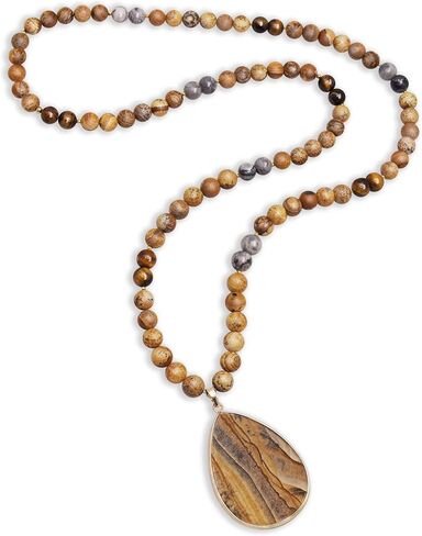 PEARLFECT قلادات قلادة طويلة للنساء / الرجال العصرية، 8 مم قلادات جاسبر مطرزة، 32 بوصة حبة الحجر الأخضر BOHO قلادة مجوهرات، قلادة بيان مكتنزة، هدايا مجوهرات الأزياء المصنوعة يدويًا in Saudi Arabia