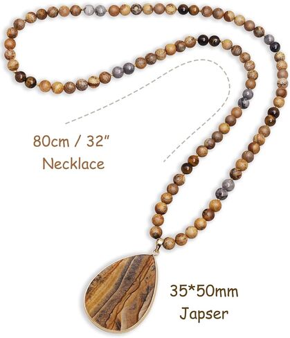 PEARLFECT قلادات قلادة طويلة للنساء / الرجال العصرية، 8 مم قلادات جاسبر مطرزة، 32 بوصة حبة الحجر الأخضر BOHO قلادة مجوهرات، قلادة بيان مكتنزة، هدايا مجوهرات الأزياء المصنوعة يدويًا in Saudi Arabia
