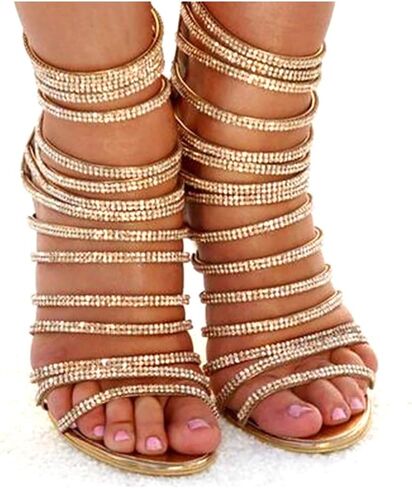 صندل نسائي من azmodo بكعب عالٍ وكعب ستيليتو من Gladiator مفتوح من الأمام باللون الذهبي in Kuwait