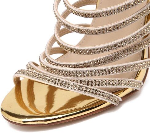 صندل نسائي من azmodo بكعب عالٍ وكعب ستيليتو من Gladiator مفتوح من الأمام باللون الذهبي in Kuwait