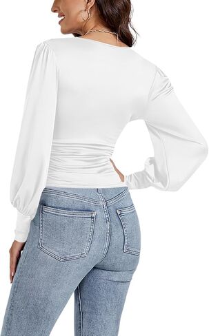 Umenlele Women'sDeep V Neck Puff Long Sleeve Ruched Blouse Tee Top in Saudi Arabia