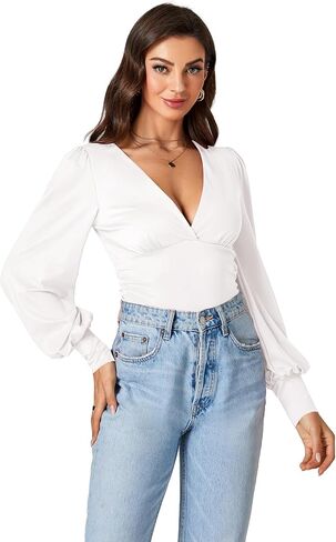 Umenlele Women'sDeep V Neck Puff Long Sleeve Ruched Blouse Tee Top in Saudi Arabia