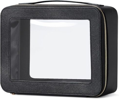 حقيبة مكياج شفافة، حقيبة أدوات زينة للسفر، حقيبة مستحضرات تجميل كبيرة بمقبض، حقيبة مكياج جلدية مع نوافذ شفافة لتنظيم أدوات الماكياج (أسود) in Kuwait