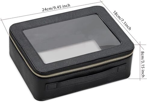 حقيبة مكياج شفافة، حقيبة أدوات زينة للسفر، حقيبة مستحضرات تجميل كبيرة بمقبض، حقيبة مكياج جلدية مع نوافذ شفافة لتنظيم أدوات الماكياج (أسود) in Kuwait