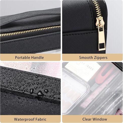 حقيبة مكياج شفافة، حقيبة أدوات زينة للسفر، حقيبة مستحضرات تجميل كبيرة بمقبض، حقيبة مكياج جلدية مع نوافذ شفافة لتنظيم أدوات الماكياج (أسود) in Kuwait