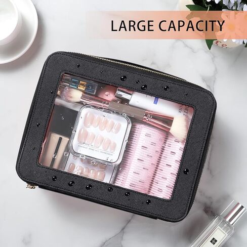 حقيبة مكياج شفافة، حقيبة أدوات زينة للسفر، حقيبة مستحضرات تجميل كبيرة بمقبض، حقيبة مكياج جلدية مع نوافذ شفافة لتنظيم أدوات الماكياج (أسود) in Kuwait