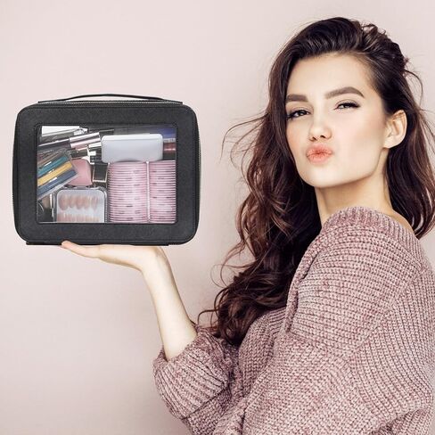 حقيبة مكياج شفافة، حقيبة أدوات زينة للسفر، حقيبة مستحضرات تجميل كبيرة بمقبض، حقيبة مكياج جلدية مع نوافذ شفافة لتنظيم أدوات الماكياج (أسود) in Kuwait