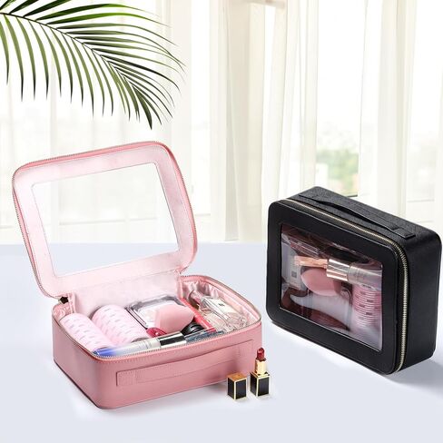 حقيبة مكياج شفافة، حقيبة أدوات زينة للسفر، حقيبة مستحضرات تجميل كبيرة بمقبض، حقيبة مكياج جلدية مع نوافذ شفافة لتنظيم أدوات الماكياج (أسود) in Kuwait