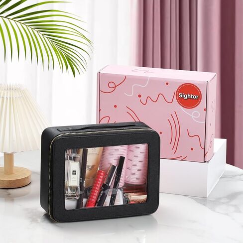 حقيبة مكياج شفافة، حقيبة أدوات زينة للسفر، حقيبة مستحضرات تجميل كبيرة بمقبض، حقيبة مكياج جلدية مع نوافذ شفافة لتنظيم أدوات الماكياج (أسود) in Kuwait