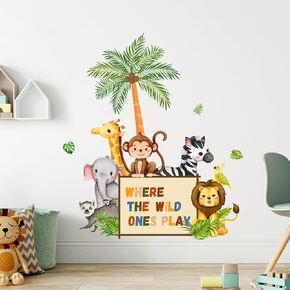 Supzone Jungle Animals Playroom Wall Decals Where The Wild Ones Play Wall Stickers Elephant Giraffe Lion Monkey Wall Decor for Kids Playroom Bedroom Baby Nursery Door Decor