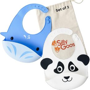Set of 2 Silicone Animal Baby Bibs for Babies and Toddlers, Waterproof, Adjustable, Soft, Extra Wide Food Catcher Pocket (Panda + Whale)