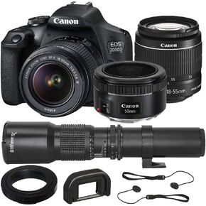 Canon EOS 2000D (T7) EF-S 18-55mm III Kit with Canon EF 50mm f/1.8 STM Lens and Accessory Bundle - Includes: 500mm Telephoto Preset Lens, Professional EF T-Mount and More in Kuwait
