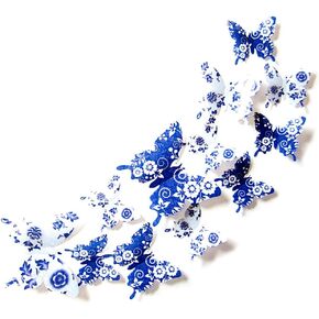 JYPHM 24PCS 3D Butterfly Wall Decal Removable Stickers Decor for Kids Room Decoration Home and Bedroom Art Mural Blue and White