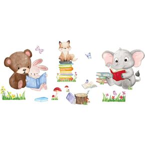 SUPERDANT Colorful Animals Reading Books Wall Sticker Elephant Rabbit Fox Wall Decals Butterflies Mushrooms Flowers Wall Art Removable PVC Decal for Kids Room Nursery Classroom Bedroom Decor