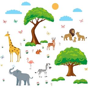 SUPERDANT Colorful Animals Reading Books Wall Sticker Elephant Rabbit Fox Wall Decals Butterflies Mushrooms Flowers Wall Art Removable PVC Decal for Kids Room Nursery Classroom Bedroom Decor