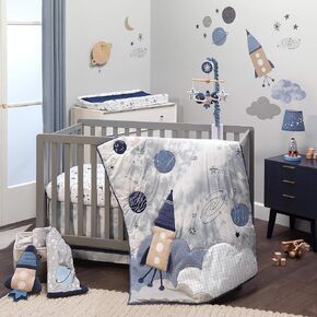 مجموعة مفروشات سرير الأطفال الرضع من Lambs & Ivy Sky Rocket مكونة من 5 قطع باللون الأزرق Galaxy/Space