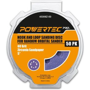 POWERTEC 50PK, 5 Inch Sanding Discs Hook and Loop, 60 Grit, Zirconia Orbital Sander Sandpaper for 5 & 8 Hole Random Orbital Sanders - Automotive, Paint, Metal, Woodworking (45306Z-50)