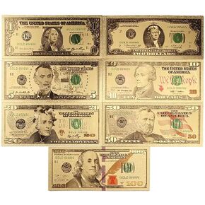 YIQILAFADA 7 pcs Set Gold Dollar Bills, 1 $2 $5 $10 $20 $50 $100 Gold Foil Dollar Bills USD Money