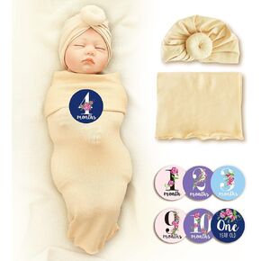 Trilly Baby Swaddle Blanket Set with Baby Turban (Beige), 12 Milestone Stickers for Girls - newborn swaddle sacks | baby shower gifts | baby wrap swaddle blankets baby girl | sleep swaddle set