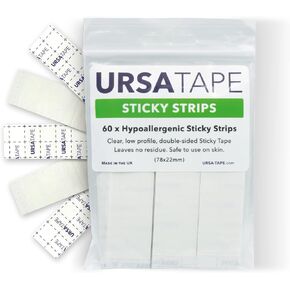 URSA Tape Sticky Strips No-Residue Clear Hollywood Fashion Tape for Women Double Sided | for Costumes, Dresses, Shoes & More | Body Tape for Delicate Skin, Double Sided Fabric Tape for Clothes 60 Pack
