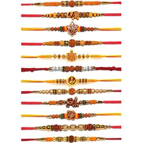 Rakhi for brother | Rakhi Set of 12 for Brother | Rakhee Bracelet on Festival of Raksha Bandhan for Brothers | Made by fine Threads Rudraksha Kundan Multicolored Stone and Small White Beads