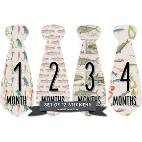 Months In Motion Monthly Baby Tie Stickers - Boy Month Milestone Necktie Sticker - Onesie Month Sticker - Infant Photo Prop for First Year - Shower Gift - Newborn Keepsakes - Fish Fishing