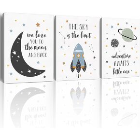 Yuzi-n Space Decor Posters, Set of 3 (12x15 Inches), Outer Space Room Decor for Boys Room, Grey and White Wall Art Prints