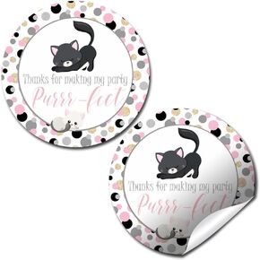 Pink Polka Dot Kitty Cat Thank You Birthday Party Sticker Labels, 40 2" Party Circle Stickers by AmandaCreation, Great for Party Favors, Envelope Seals & Goodie Bags