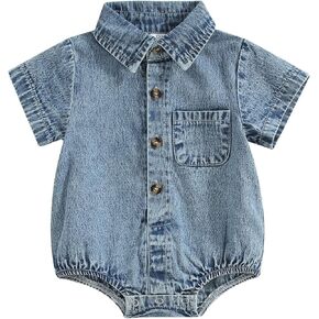 Newborn Baby Boy Matching Clothes Denim Button Up Shirt Oversized Lapel Short Sleeve Bubble Romper Outfit