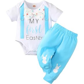 My First Easter Baby Boy Outfit - Short Sleeve Romper Bunny Pant Bunny Newborn Baby Boy Easter Outfit Clothes