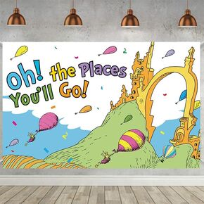 LOONELO Oh The Places You'll Go Banner Backdrop with 70.8''X43.3'',Large Oh The Places You'll Go Party Decorations Photography Background for Dr.Seuss Kindergarten Preschool Graduation Supplies