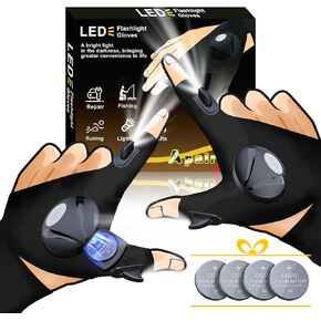 LED Flashlight Gloves, Unique Gift for Men Father Husband, Cool Stretchy Fingerless Light Gloves Gadget for Repairing Electrician Mechanic DIY Handmade, 1 Pair