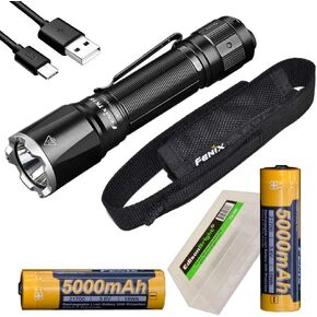 EdisonBright Fenix ​​Bundle TK16 V2.0 3100 Lumen LED مصباح يدوي تكتيكي، 2 X بطاريات ليثيوم أيون قابلة لإعادة الشحن 5000 مللي أمبير في الساعة، حافظة بطارية BBX5