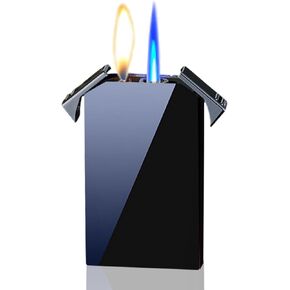 Butane Torch Lighter, Fun Dual Flame Lighter, Cool Jet Torch Lighter, Refillable Adjustable Soft Flame and Jet Blue Flame Lighter, Windproof Butane Lighter, Unique Men's Lighter Gift (No Gas) (Black)