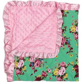 Dear Baby Gear Baby Blankets, Vintage Floral Pink Roses on Mint, Pink Minky