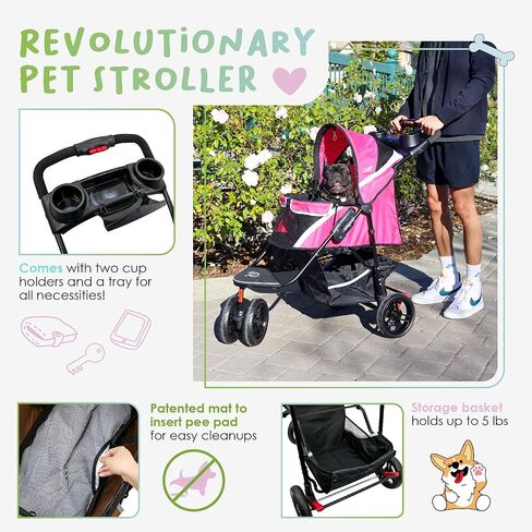 Petique Revolutionary Durable Pet Stroller, Easy Fold, Quality mesh Windows, Large Storage Basket, Secure Cup Holder Tray, Small/Medium Dogs, Cats and Pets, Supports up to 55LBS - Venus (Teal) in Kuwait