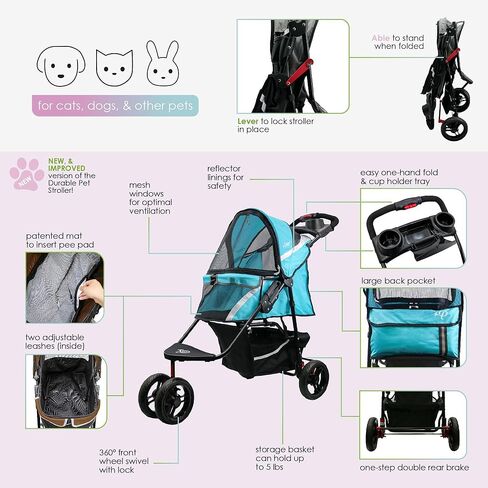 Petique Revolutionary Durable Pet Stroller, Easy Fold, Quality mesh Windows, Large Storage Basket, Secure Cup Holder Tray, Small/Medium Dogs, Cats and Pets, Supports up to 55LBS - Venus (Teal) in Kuwait
